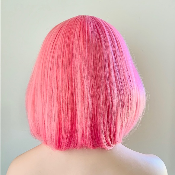 Bright Pink Color “Put On & Go” Synthetic Wig with Bangs for Events or Cosplay - Picture 4 of 4